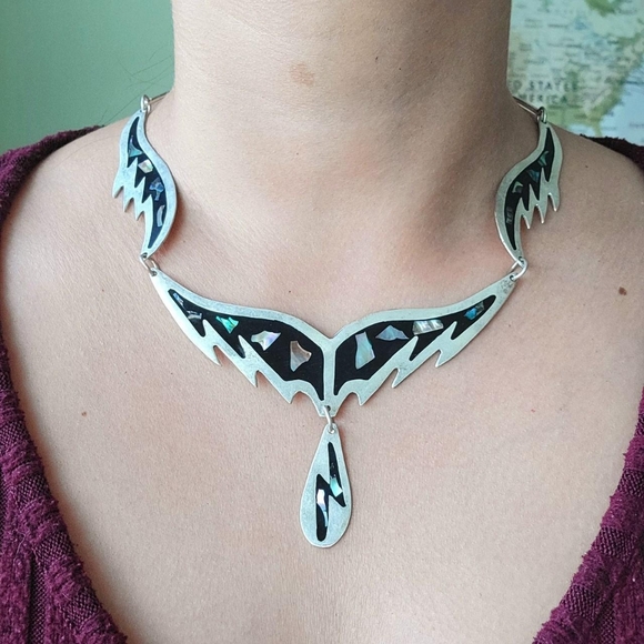 Vintage Mexican Alpaca Silver Abalone Shell Ornate Bib Necklace - Picture 5 of 16